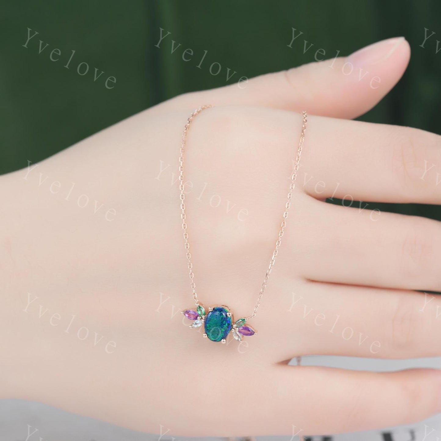 Vintage unique oval cut black opal necklace 14k rose gold emerald amethyst personalized pendant for women anniversary promise gift for her
