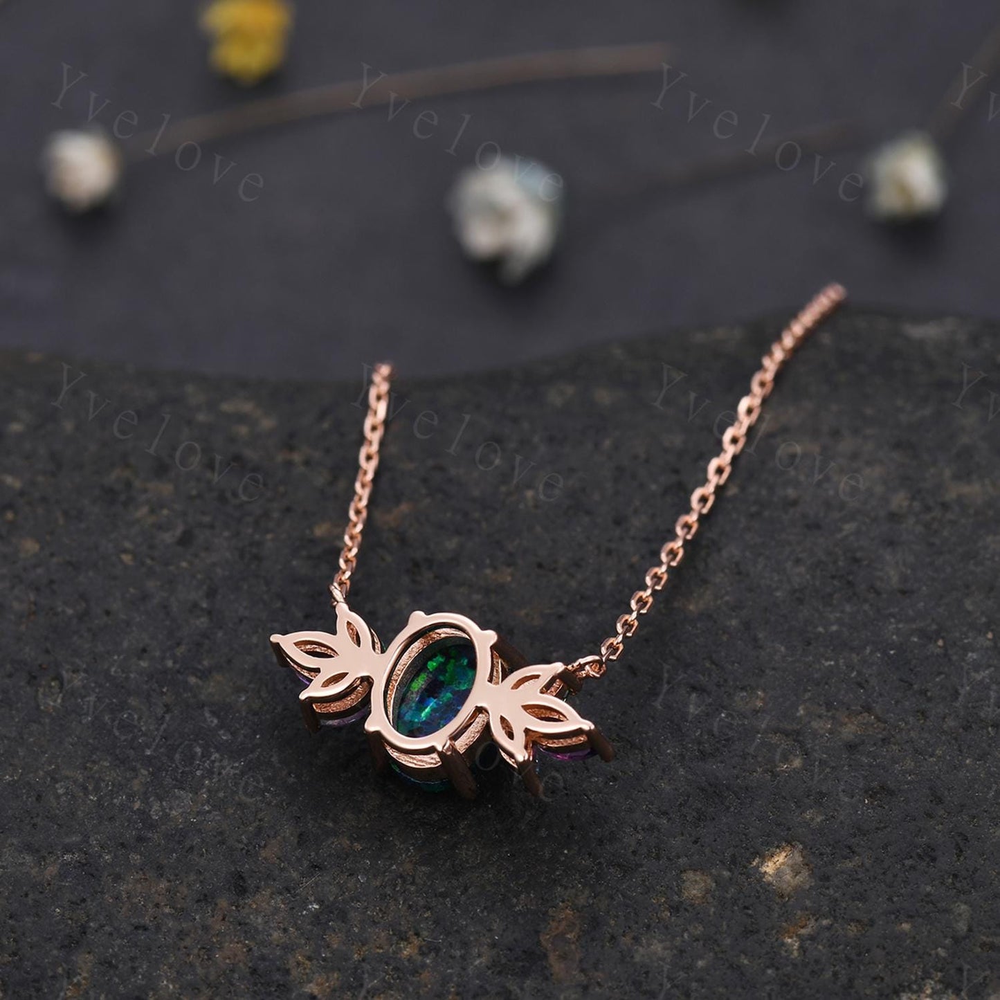 Vintage unique oval cut black opal necklace 14k rose gold emerald amethyst personalized pendant for women anniversary promise gift for her