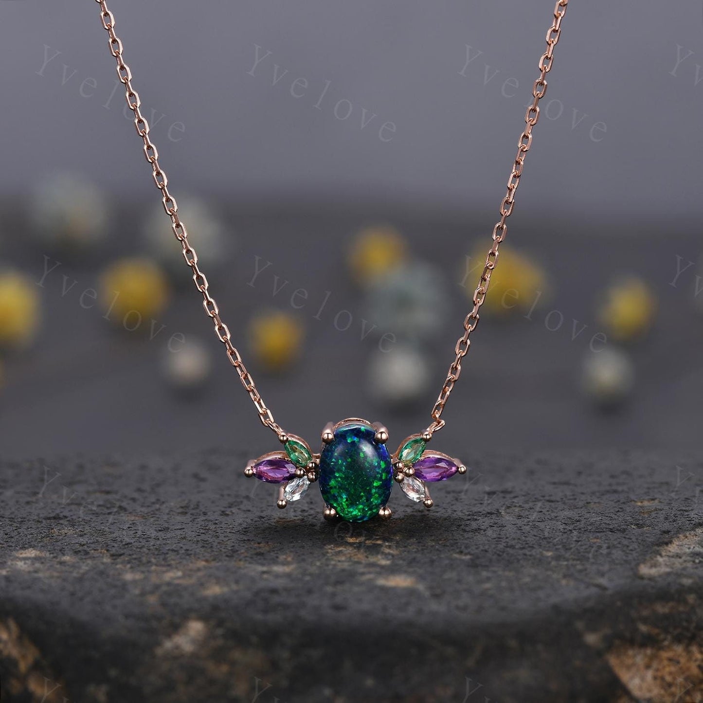 Vintage unique oval cut black opal necklace 14k rose gold emerald amethyst personalized pendant for women anniversary promise gift for her