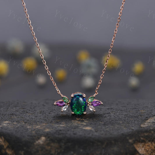 Vintage unique oval cut black opal necklace 14k rose gold emerald amethyst personalized pendant for women anniversary promise gift for her