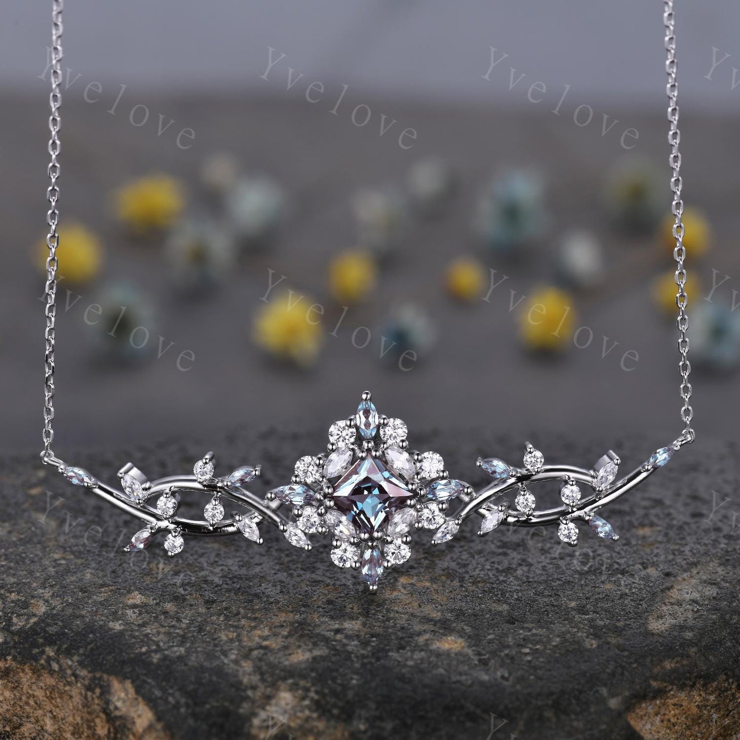 Unique Princess shaped Alexandrite Pendant,Cluster Alexandrite Necklace,Pinky Gold Art Deco Moissanite Necklace,June Gift,Retro Women Gift