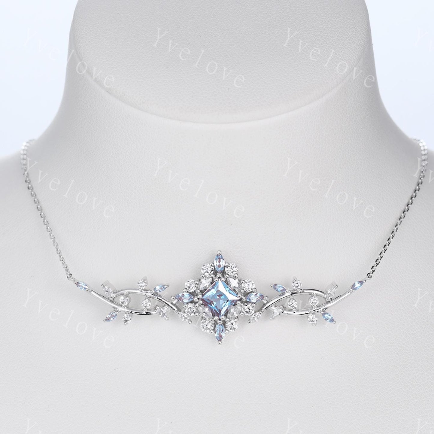 Unique Princess shaped Alexandrite Pendant,Cluster Alexandrite Necklace,Pinky Gold Art Deco Moissanite Necklace,June Gift,Retro Women Gift