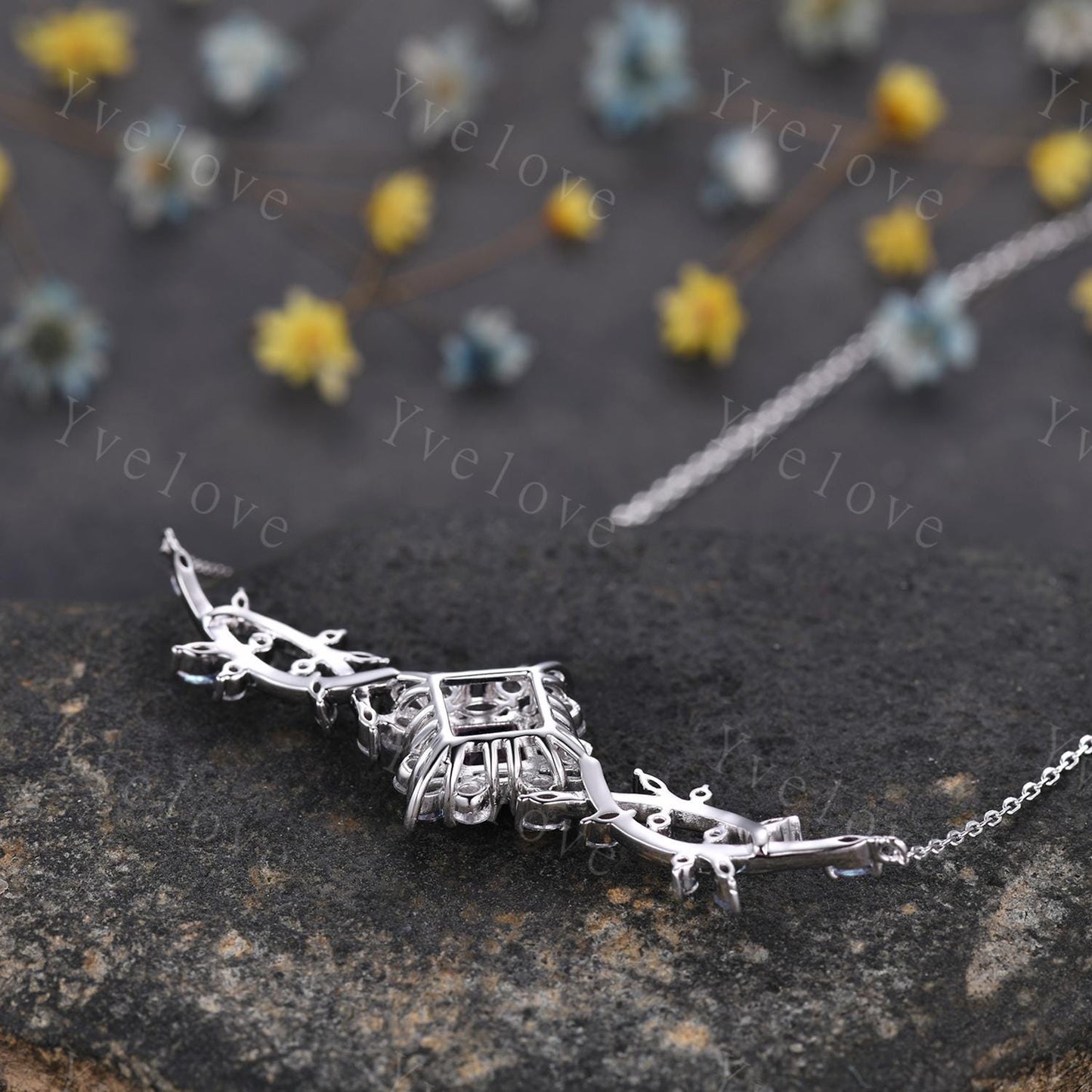 Unique Princess shaped Alexandrite Pendant,Cluster Alexandrite Necklace,Pinky Gold Art Deco Moissanite Necklace,June Gift,Retro Women Gift