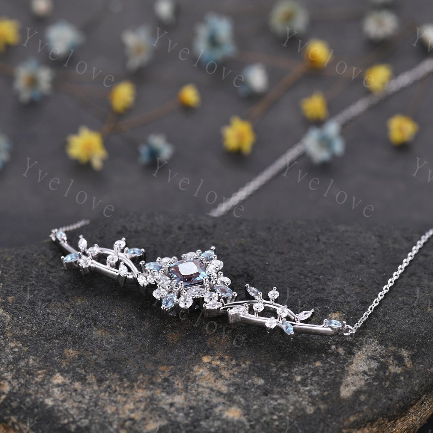 Unique Princess shaped Alexandrite Pendant,Cluster Alexandrite Necklace,Pinky Gold Art Deco Moissanite Necklace,June Gift,Retro Women Gift
