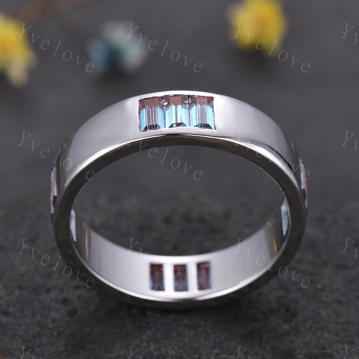 Mens Alexandrite Wedding Band Baguette Alexandrite Band White Gold Smooth Ring Multi Stones Stacking Matching Band Retro Vintage Ring Gift