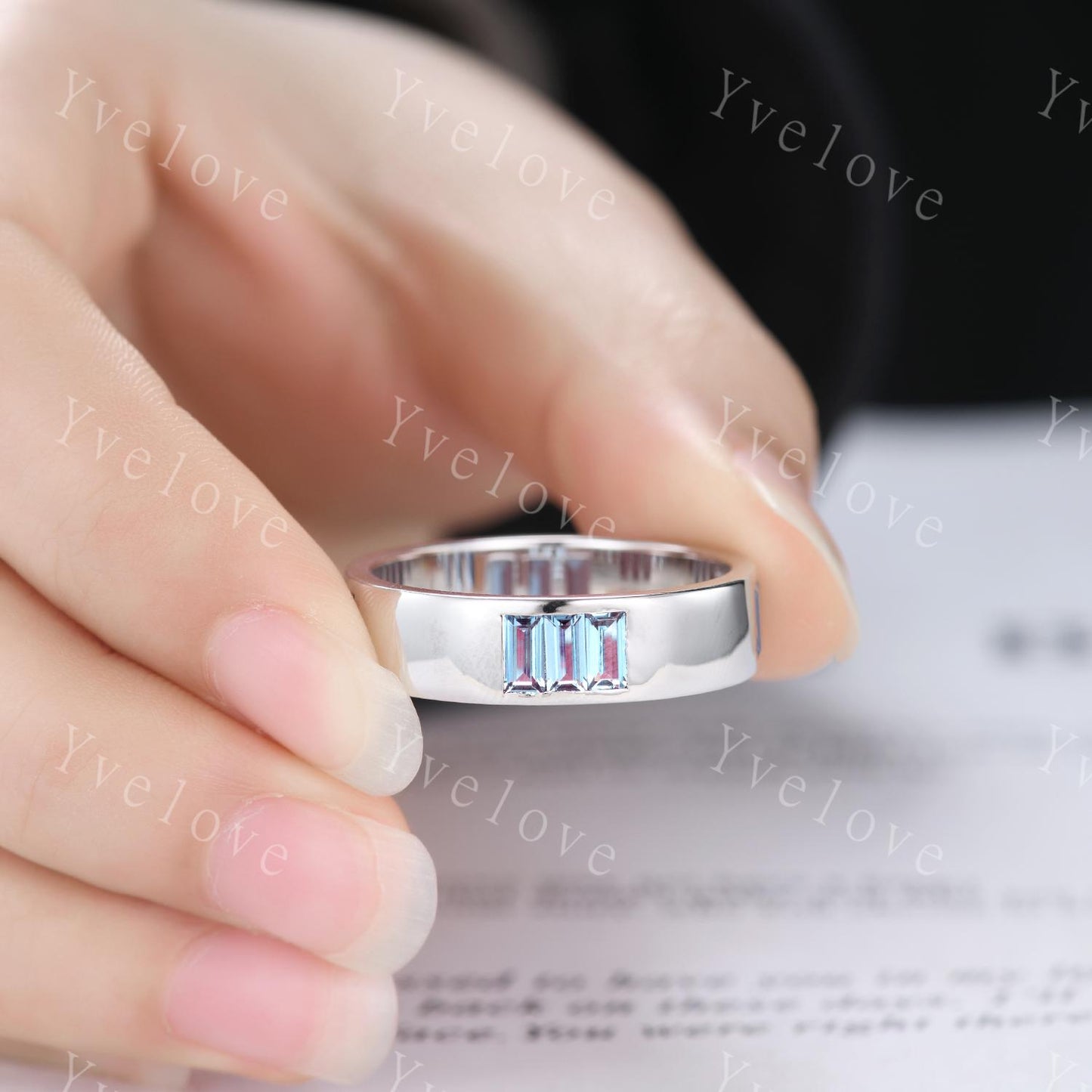 Mens Alexandrite Wedding Band Baguette Alexandrite Band White Gold Smooth Ring Multi Stones Stacking Matching Band Retro Vintage Ring Gift