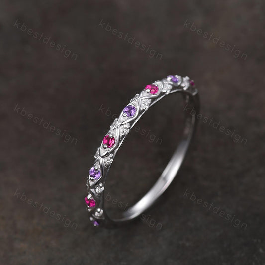 Antique Ruby Amethyst Wedding Band Women Solid 14K White Gold Band Moissanite Wedding Band Vintage Stacking Matching Band Anniversary Ring