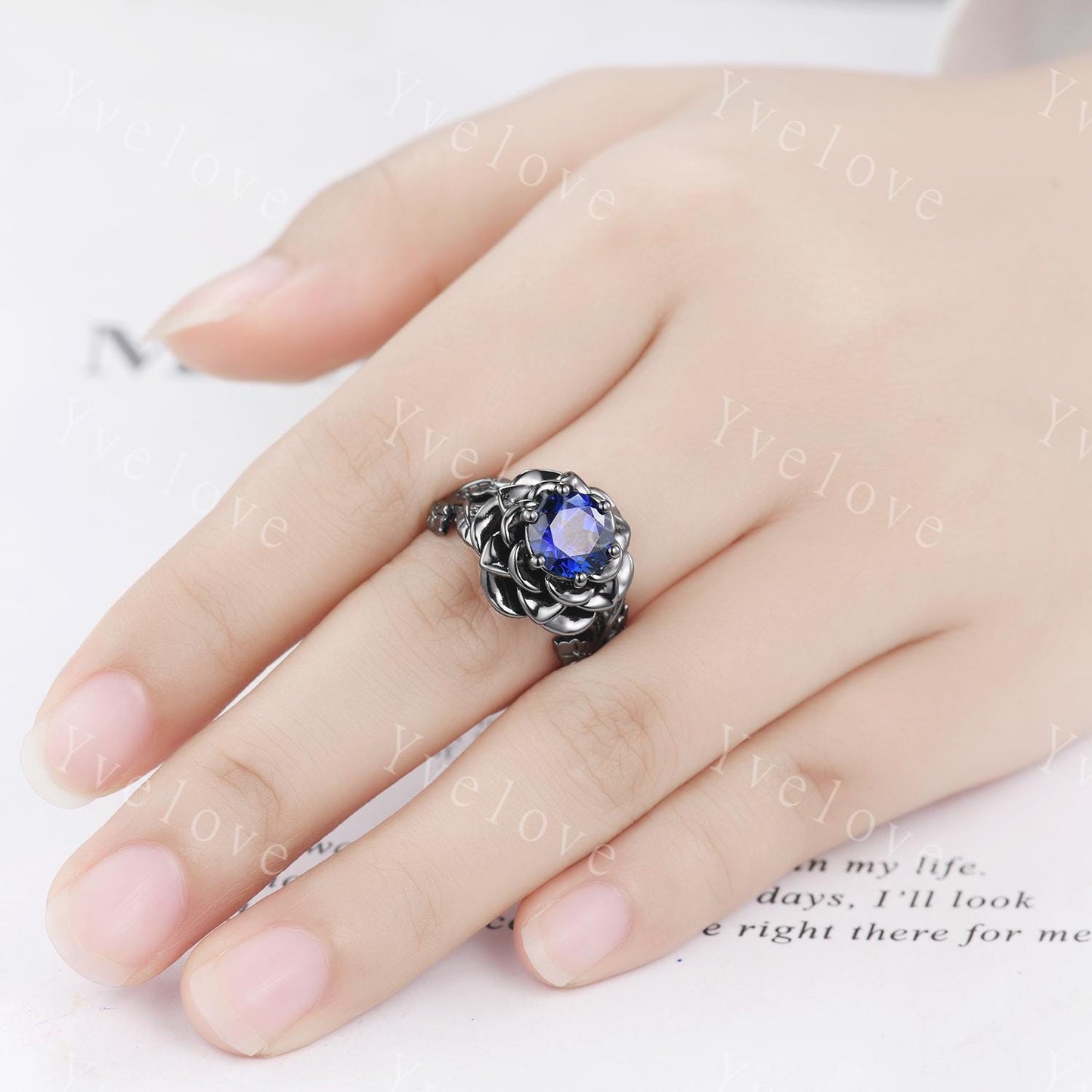 Blue Sapphire Rose Flower Engagement Ring Black Silver Band Romantic Wedding Ring Promise Ring For Women Vintage Statement Ring Gothic Ring