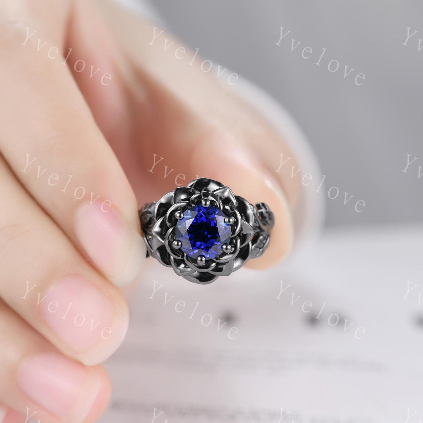 Blue Sapphire Rose Flower Engagement Ring Black Silver Band Romantic Wedding Ring Promise Ring For Women Vintage Statement Ring Gothic Ring