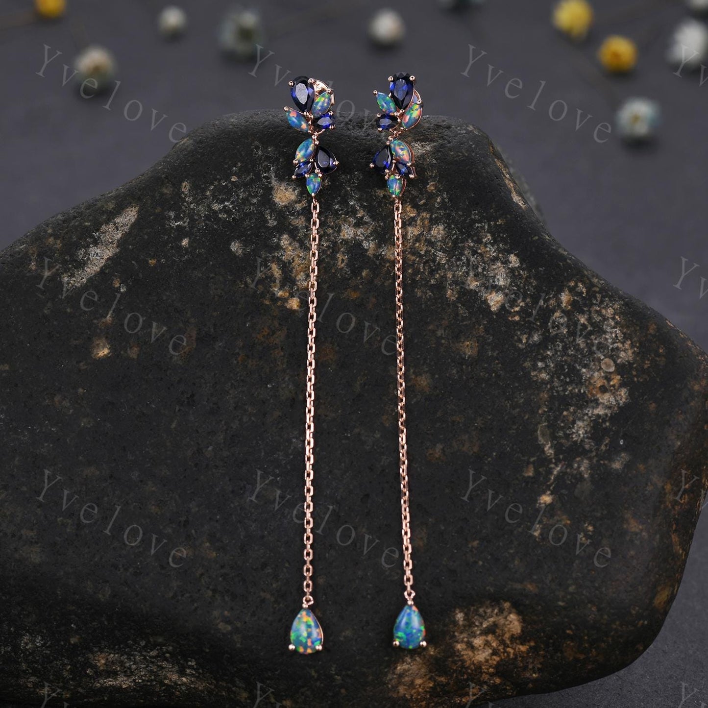 Unique Black Opal Sapphire Dangle Earrings,Art Deco Blue Gems Delicate Dainty Earrings Bridal Earrings Drop Wedding Earrings Jewelry Gift