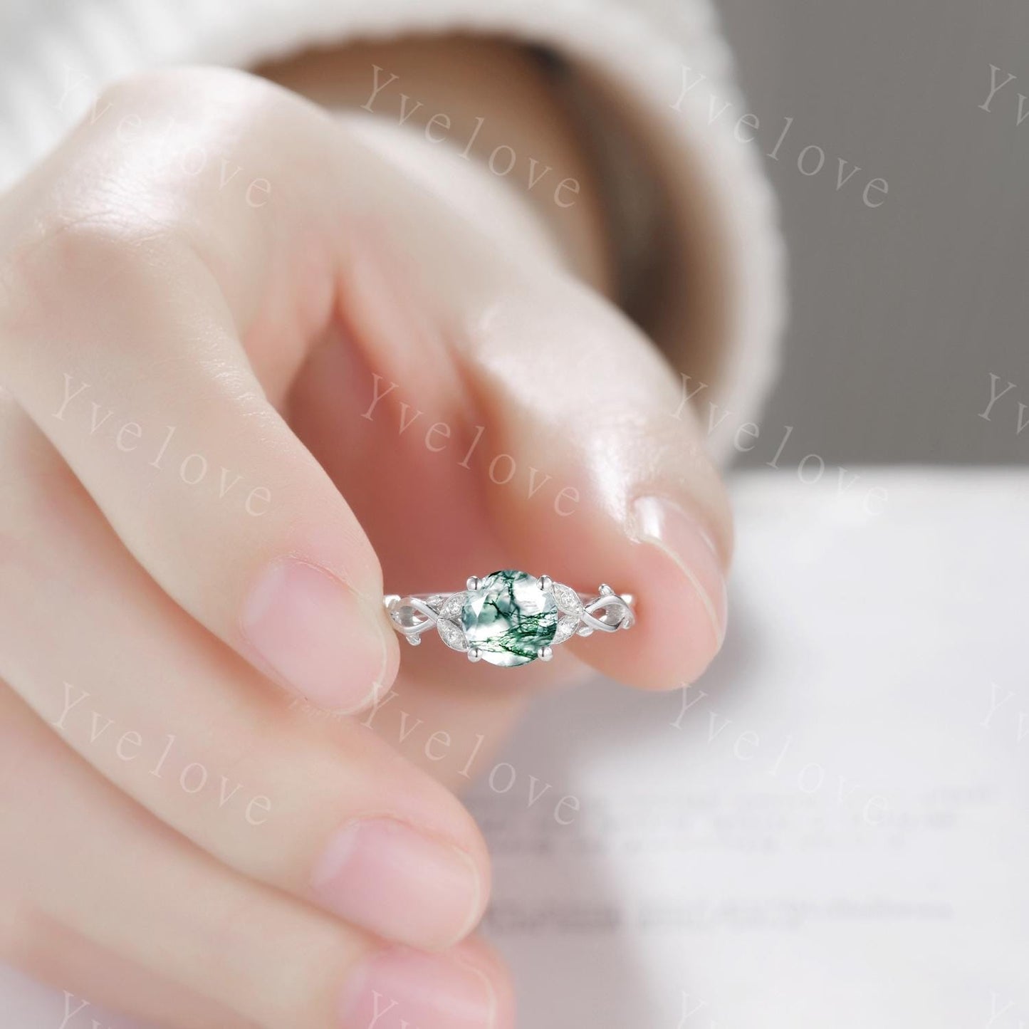 Dainty Round Natural Moss Agate S925 Sterling Silver Engagement Ring Art Deco Vintage Nature Inspired Leaf Ring Cluster Wedding Anniversary