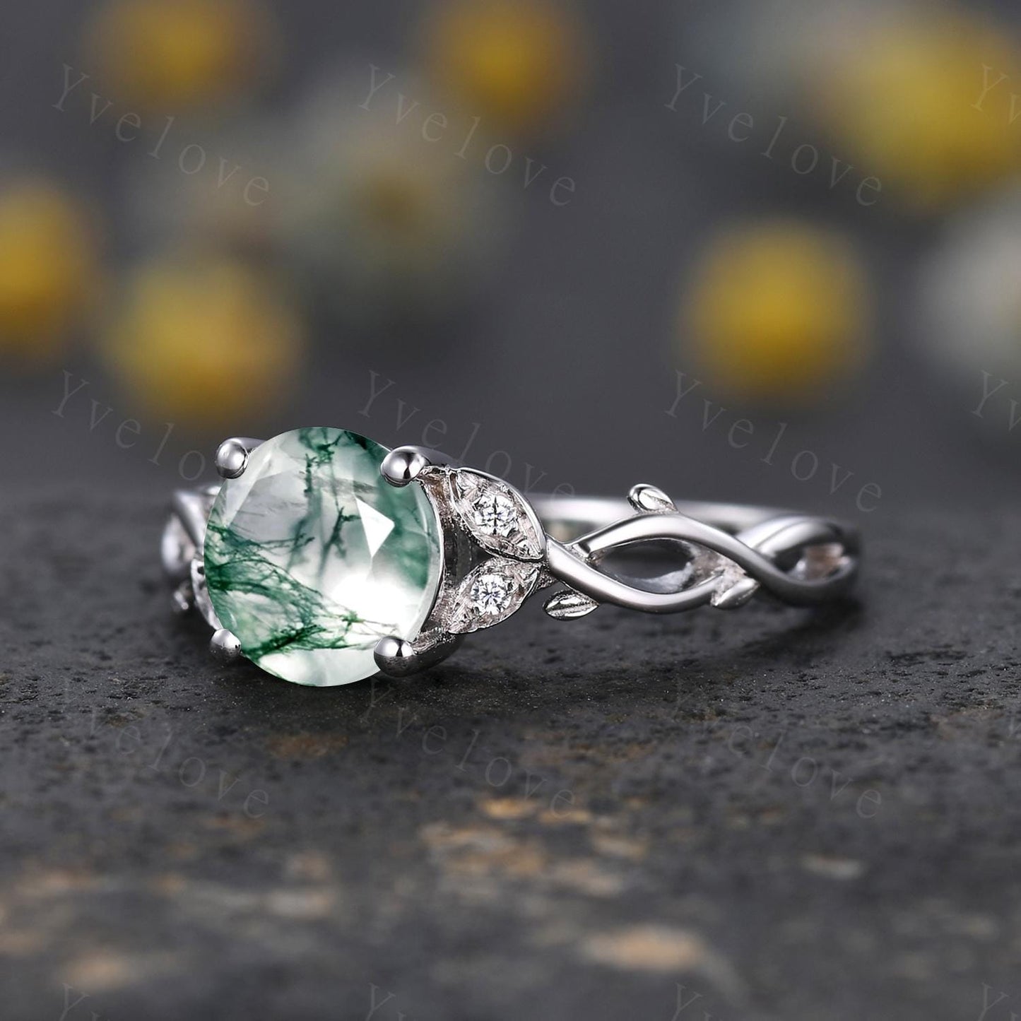 Dainty Round Natural Moss Agate S925 Sterling Silver Engagement Ring Art Deco Vintage Nature Inspired Leaf Ring Cluster Wedding Anniversary