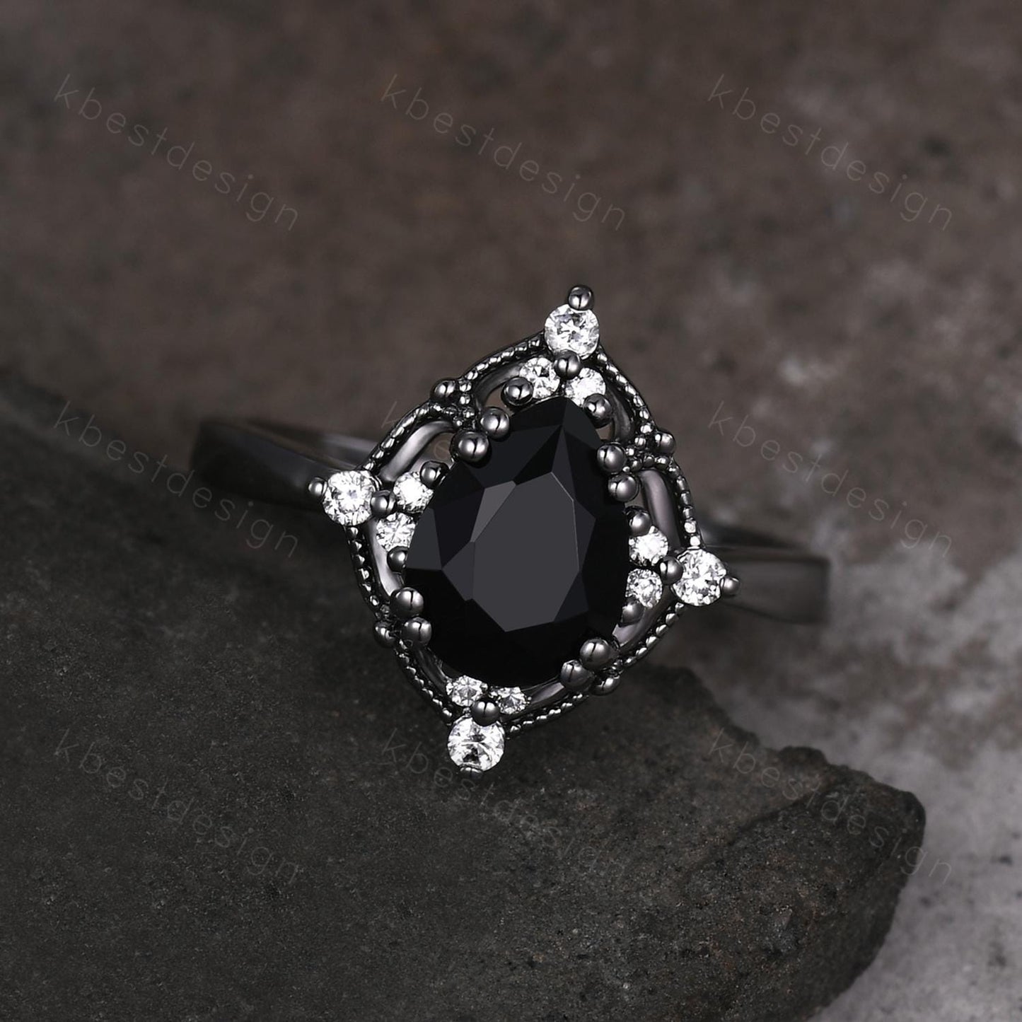 Pear Cut Natural Black Onyx Engagement Ring Black Gold Ring Unique Art Deco Moissanite Ring Black Gemstone ring Bridal Promise Ring