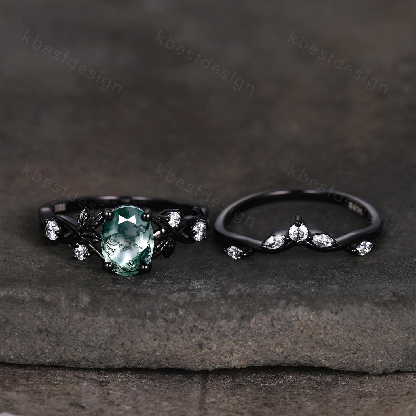 Vintage oval moss agate engagement ring black gold art deco cluster moissanite wedding ring set nature inspired bridal promise ring for her