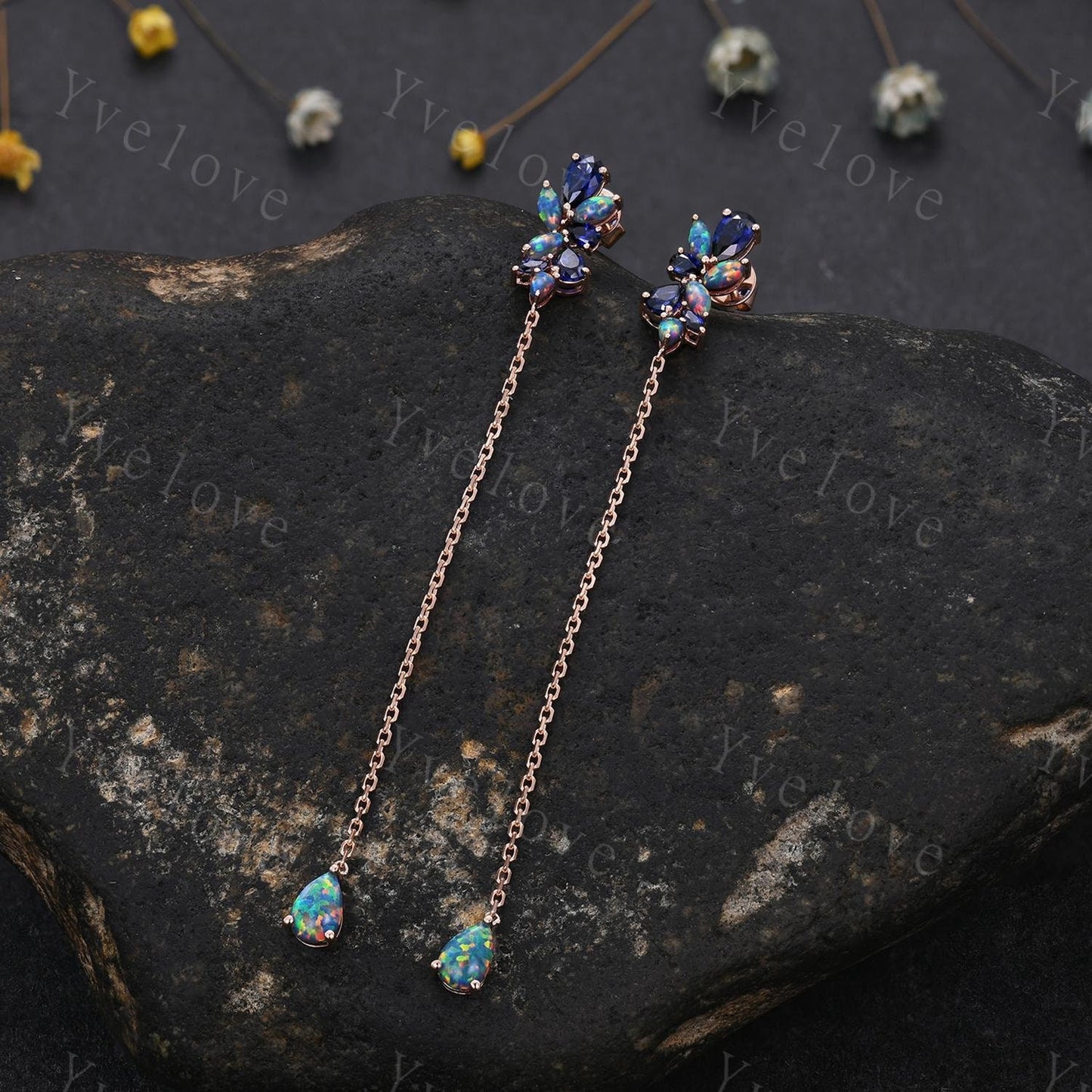 Unique Black Opal Sapphire Dangle Earrings,Art Deco Blue Gems Delicate Dainty Earrings Bridal Earrings Drop Wedding Earrings Jewelry Gift