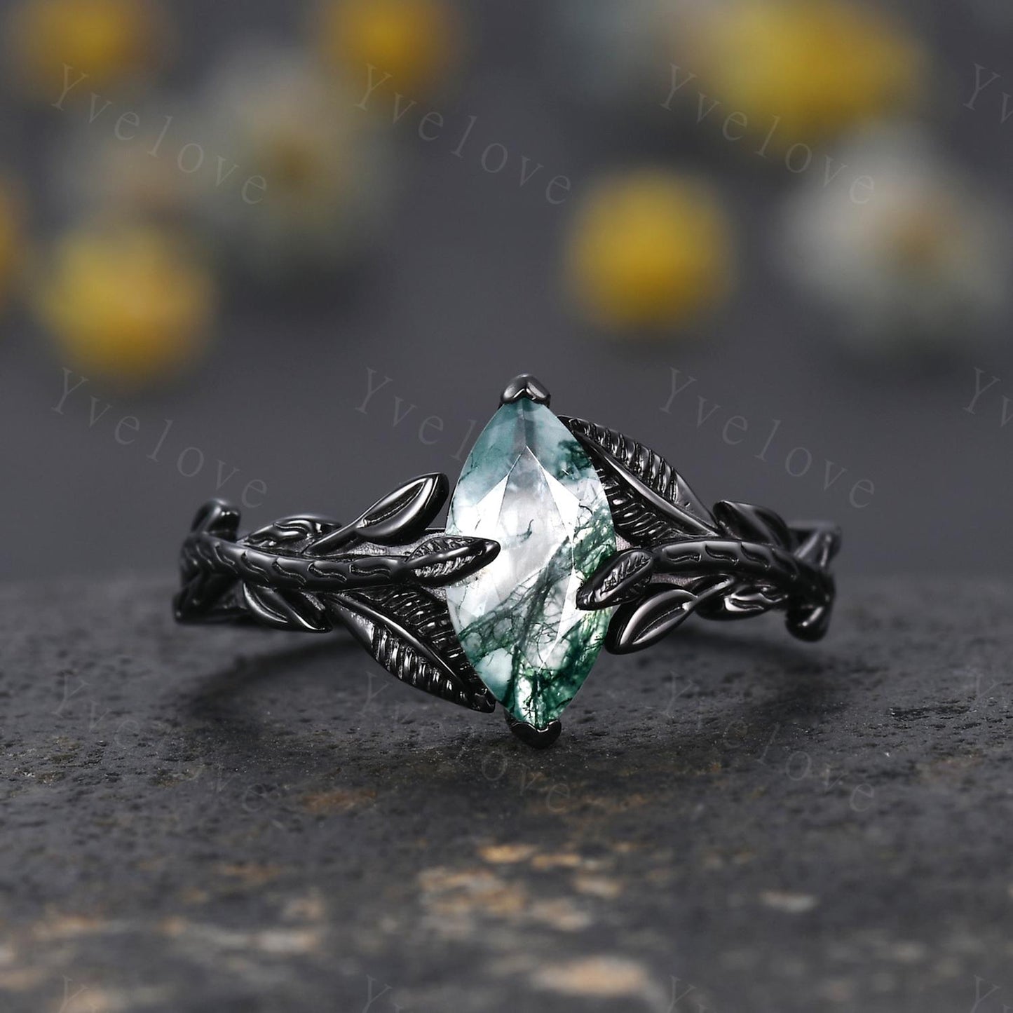 Gothic Natural Moss Agate Ring,Leaves Ring,Black Gold Ring,Fairy tale Handmade Ring,Unique Design Ring,Wedding Ring,Anniversary Gift For Her
