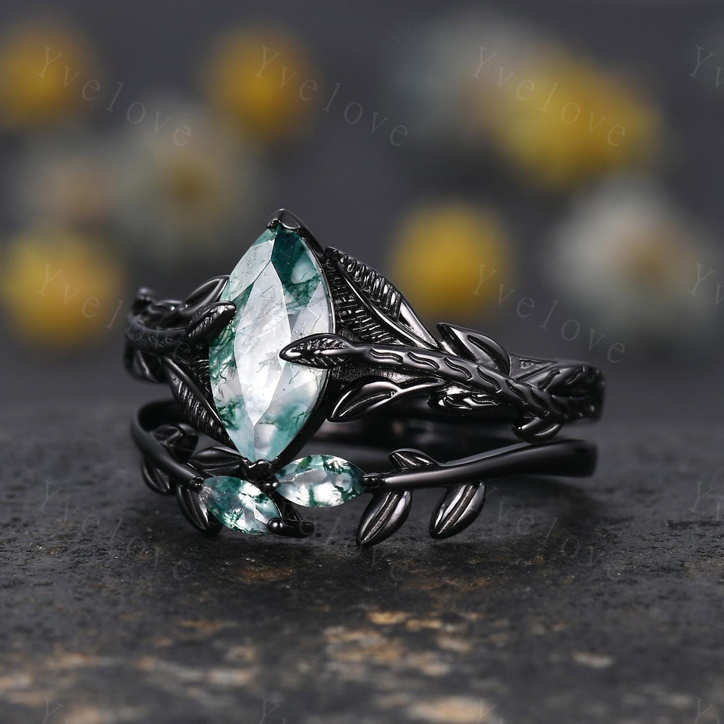 Gothic Natural Moss Agate Engagement Ring Set,Leaves Ring,Black Gold Handmade Ring,Unique Design Ring,Wedding Ring,Anniversary Gift For Her