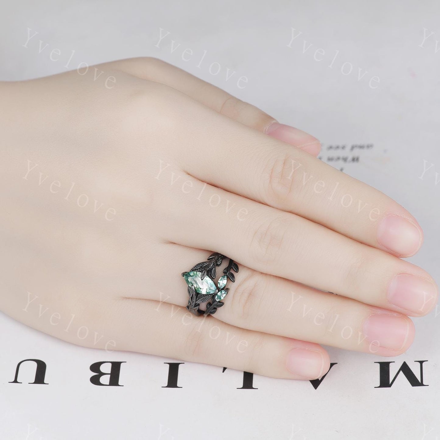 Gothic Natural Moss Agate Ring,Leaves Ring,Black Gold Ring,Fairy tale Handmade Ring,Unique Design Ring,Wedding Ring,Anniversary Gift For Her