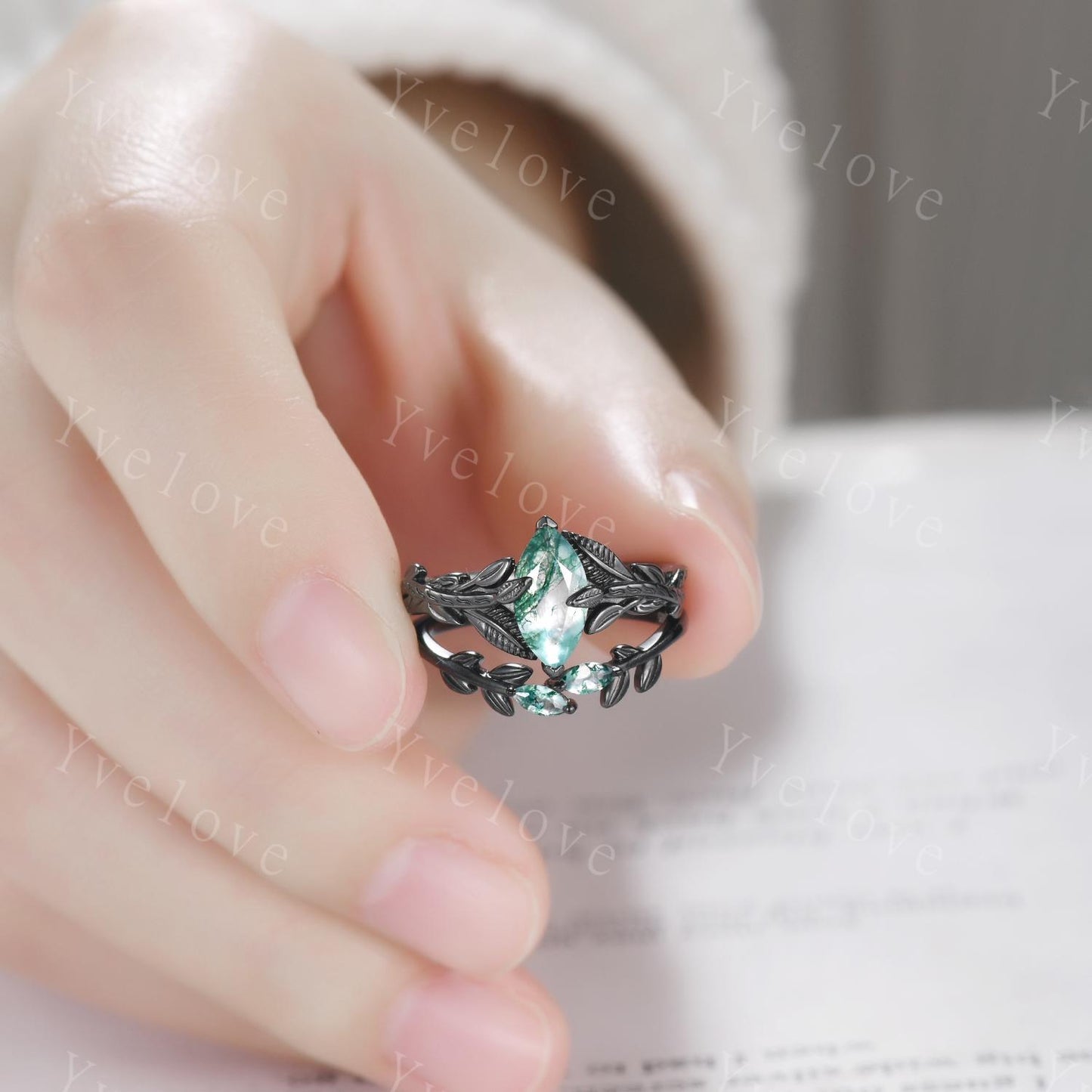 Gothic Natural Moss Agate Ring,Leaves Ring,Black Gold Ring,Fairy tale Handmade Ring,Unique Design Ring,Wedding Ring,Anniversary Gift For Her