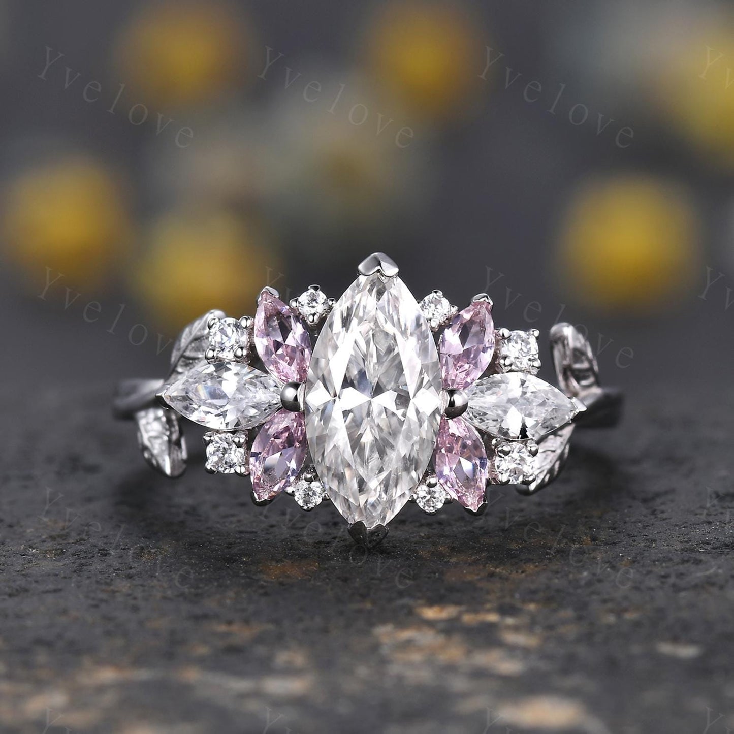 Vintage Marquise Moissanite engagement ring,Unique Pink Morganite Ring,Leaf Cluster Ring,Women Bridal Promise Wedding Band,Statement Ring