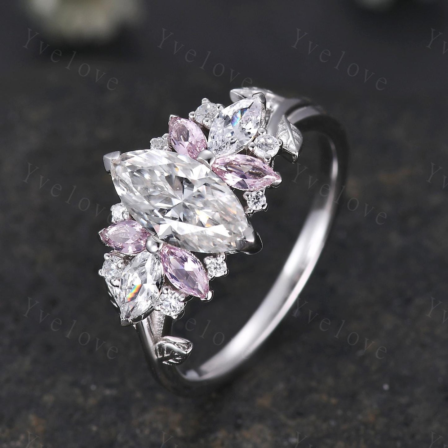 Vintage Marquise Moissanite engagement ring,Unique Pink Morganite Ring,Leaf Cluster Ring,Women Bridal Promise Wedding Band,Statement Ring