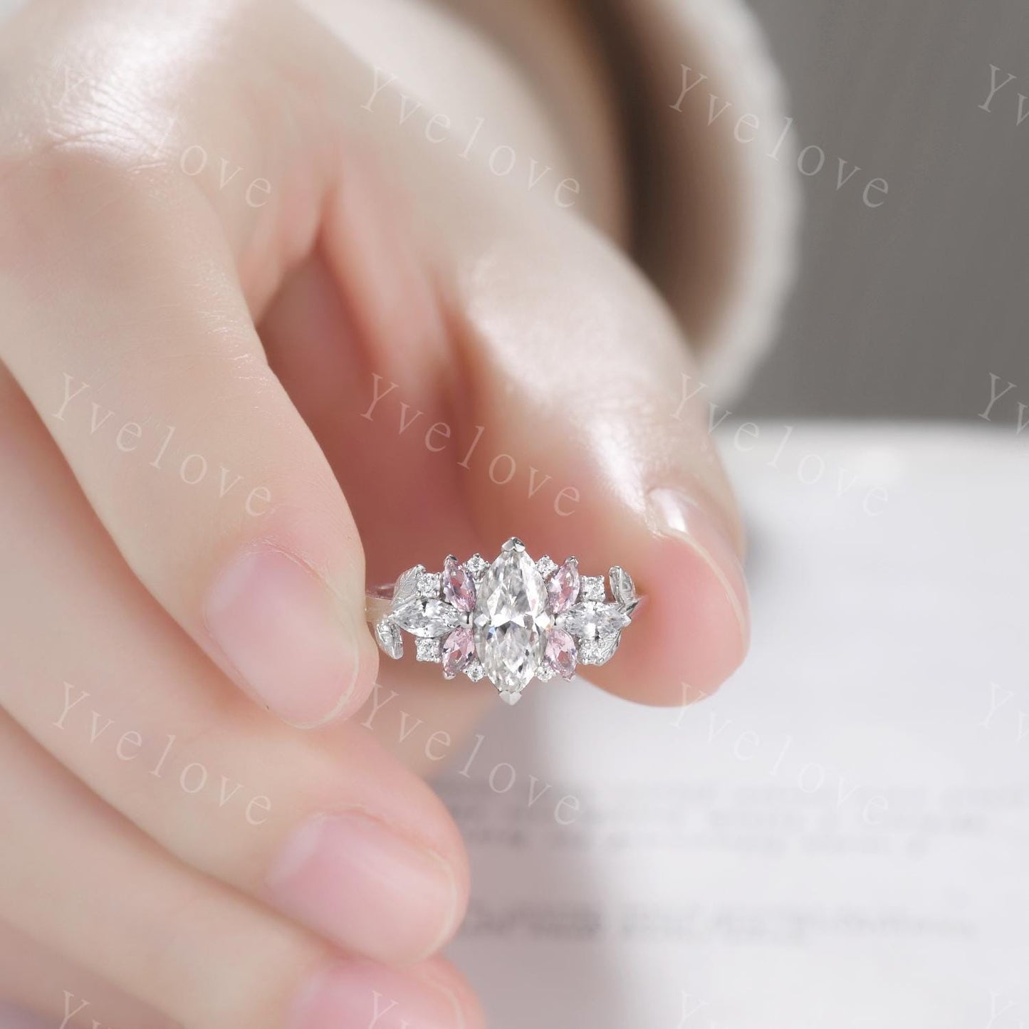 Vintage Marquise Moissanite engagement ring,Unique Pink Morganite Ring,Leaf Cluster Ring,Women Bridal Promise Wedding Band,Statement Ring