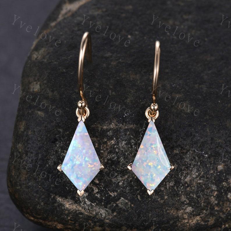 Vintage Kite shape white opal earrings opal jewelry unique earrings women art deco earring anniversary gift for her October birthday gift