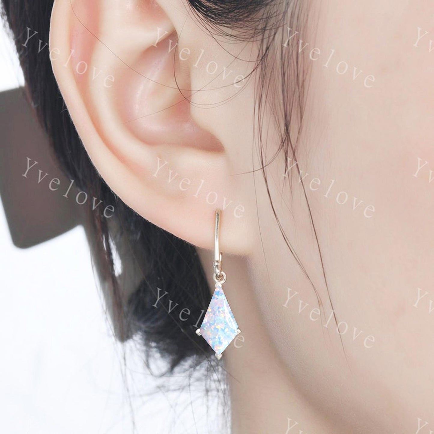Vintage Kite shape white opal earrings opal jewelry unique earrings women art deco earring anniversary gift for her October birthday gift