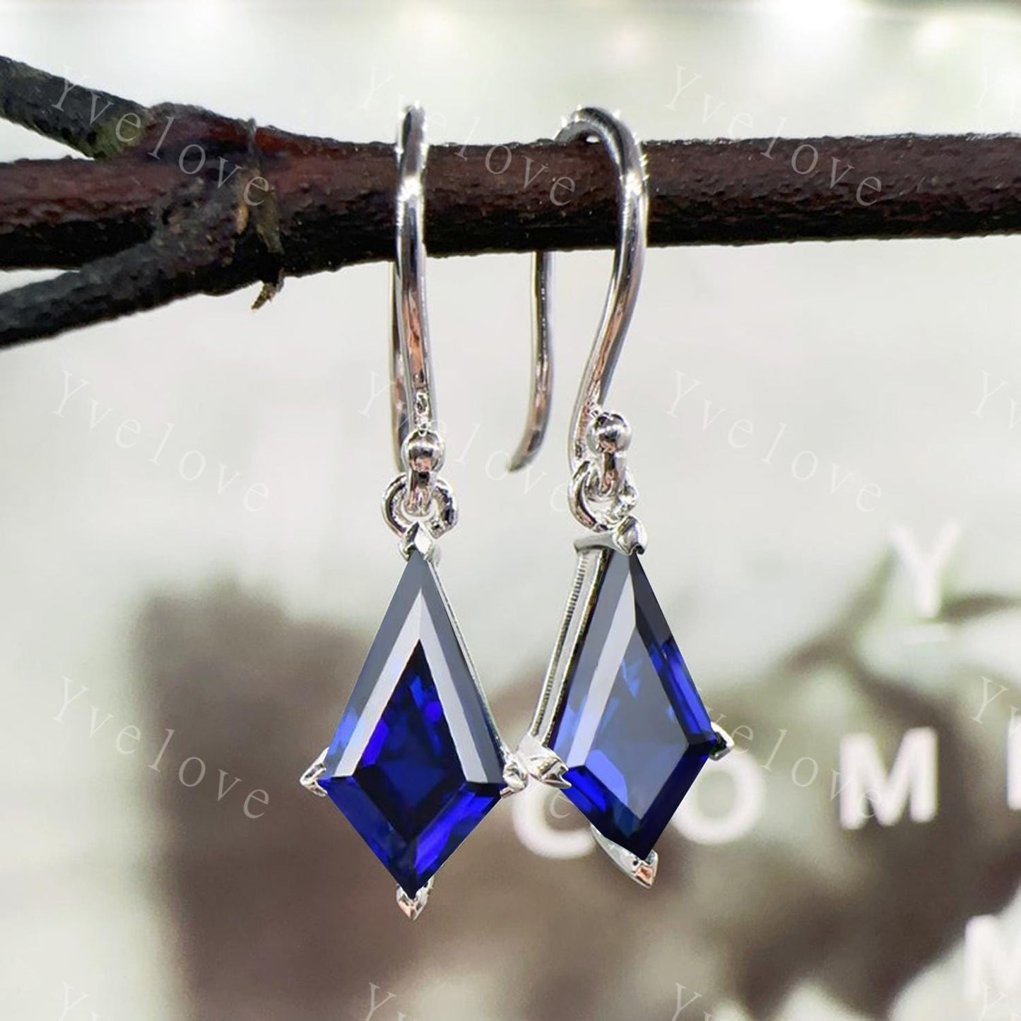 Vintage kite cut blue sapphire earrings sapphire jewelry unique earrings women art deco hook earring anniversary gift for her birthday gift
