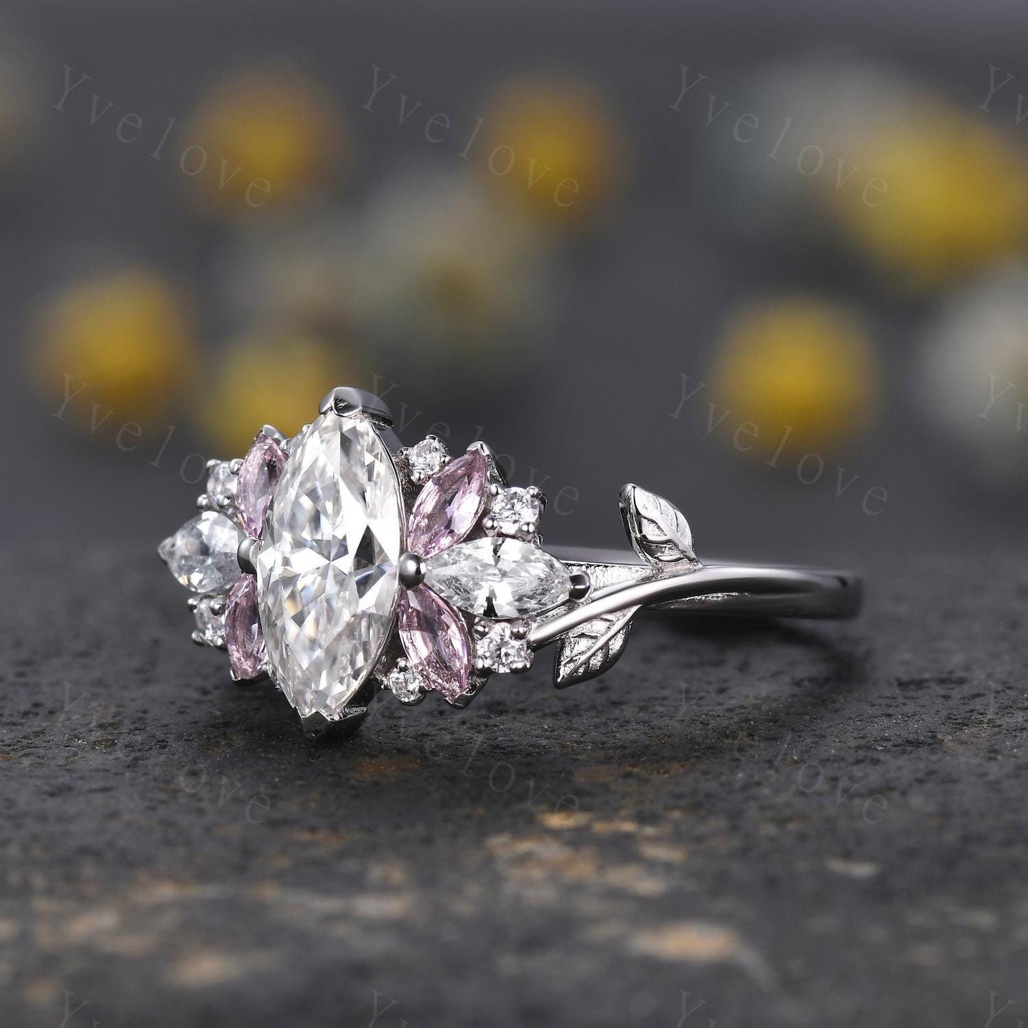 Vintage Marquise Moissanite engagement ring,Unique Pink Morganite Ring,Leaf Cluster Ring,Women Bridal Promise Wedding Band,Statement Ring