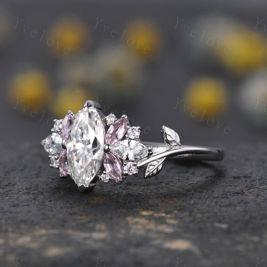 Vintage Marquise Moissanite engagement ring,Unique Pink Morganite Ring,Leaf Cluster Ring,Women Bridal Promise Wedding Band,Statement Ring