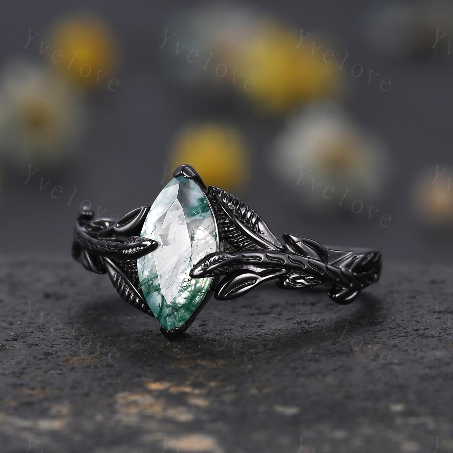 Gothic Natural Moss Agate Ring,Leaves Ring,Black Gold Ring,Fairy tale Handmade Ring,Unique Design Ring,Wedding Ring,Anniversary Gift For Her