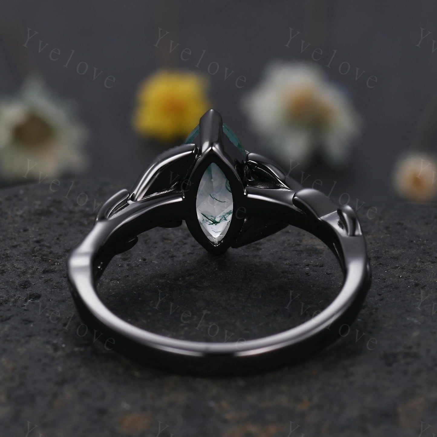 Gothic Natural Moss Agate Ring,Leaves Ring,Black Gold Ring,Fairy tale Handmade Ring,Unique Design Ring,Wedding Ring,Anniversary Gift For Her