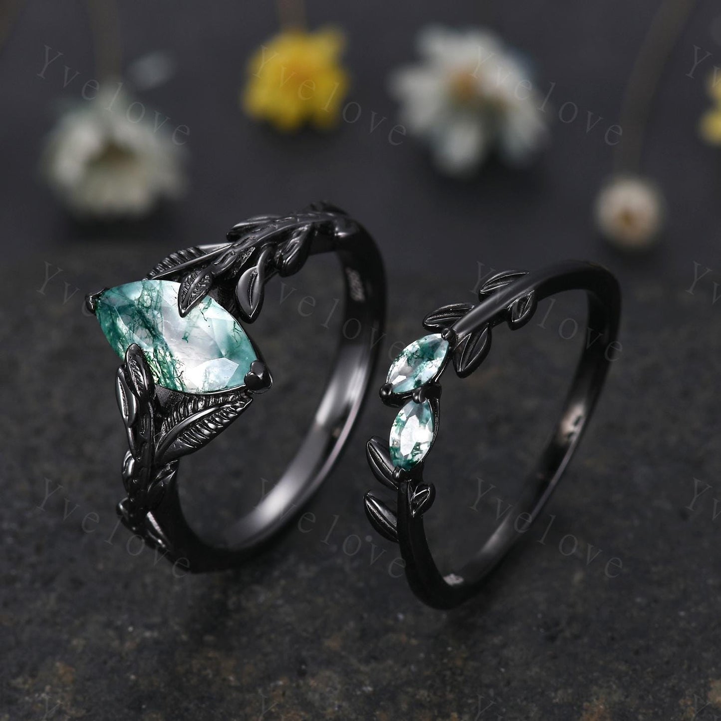 Gothic Natural Moss Agate Ring,Leaves Ring,Black Gold Ring,Fairy tale Handmade Ring,Unique Design Ring,Wedding Ring,Anniversary Gift For Her