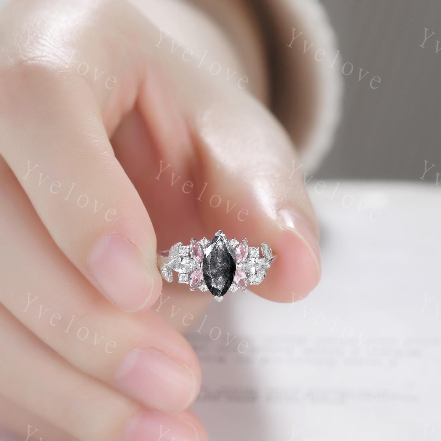 Vintage Marquise salt pepper diamond engagement ring,Unique Morganite Ring,Leaf Cluster Wedding Band,Women Bridal Promise Ring Gift For Her