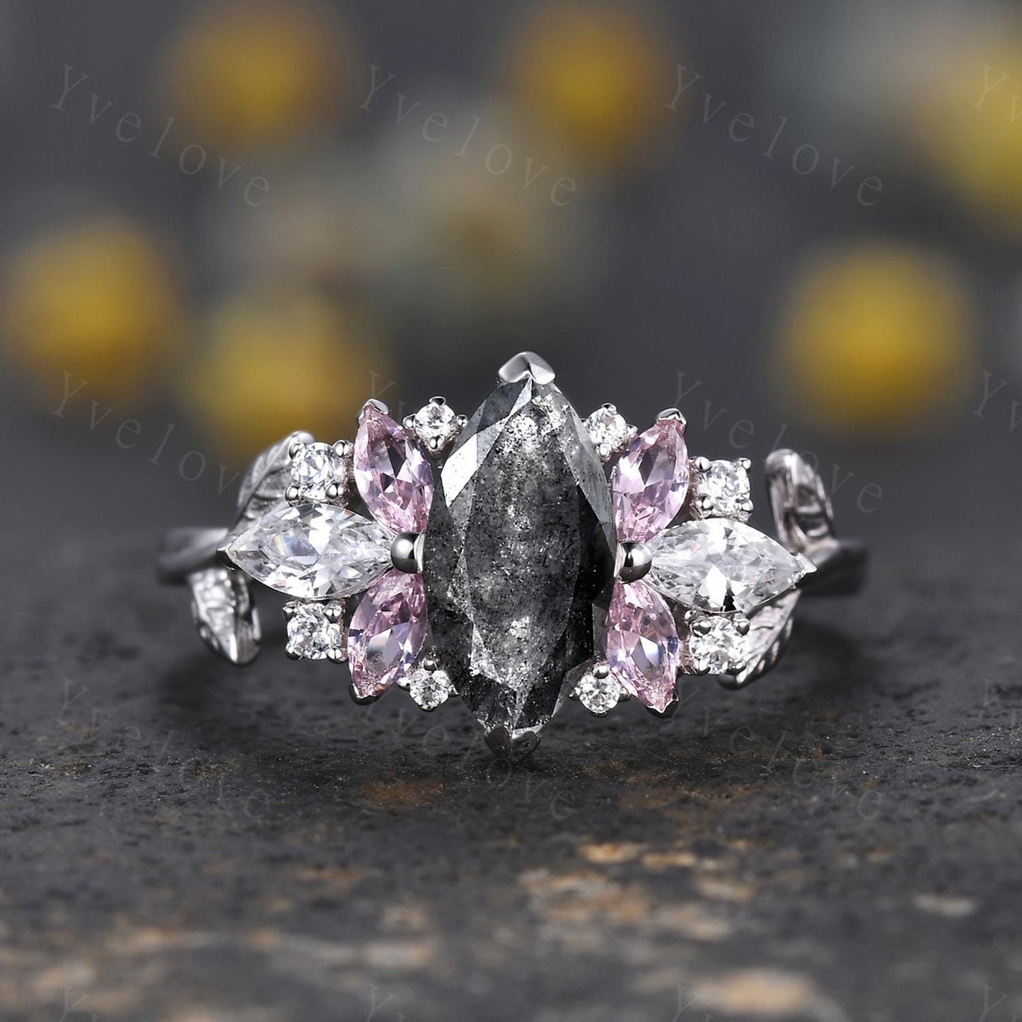 Vintage Marquise salt pepper diamond engagement ring,Unique Morganite Ring,Leaf Cluster Wedding Band,Women Bridal Promise Ring Gift For Her