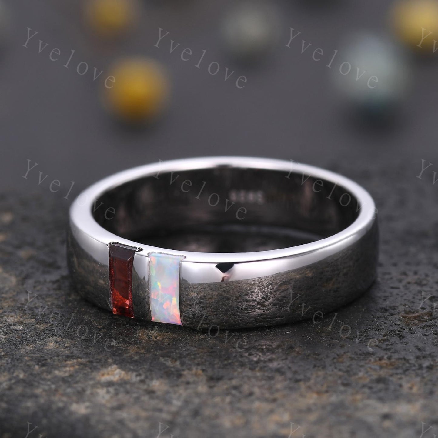 Mens Garnet Opal Wedding Band Baguette Cut Red Garnet Opal Band 5mm White Gold Ring Mens Plain Stacking Matching Band Retro Vintage Gift