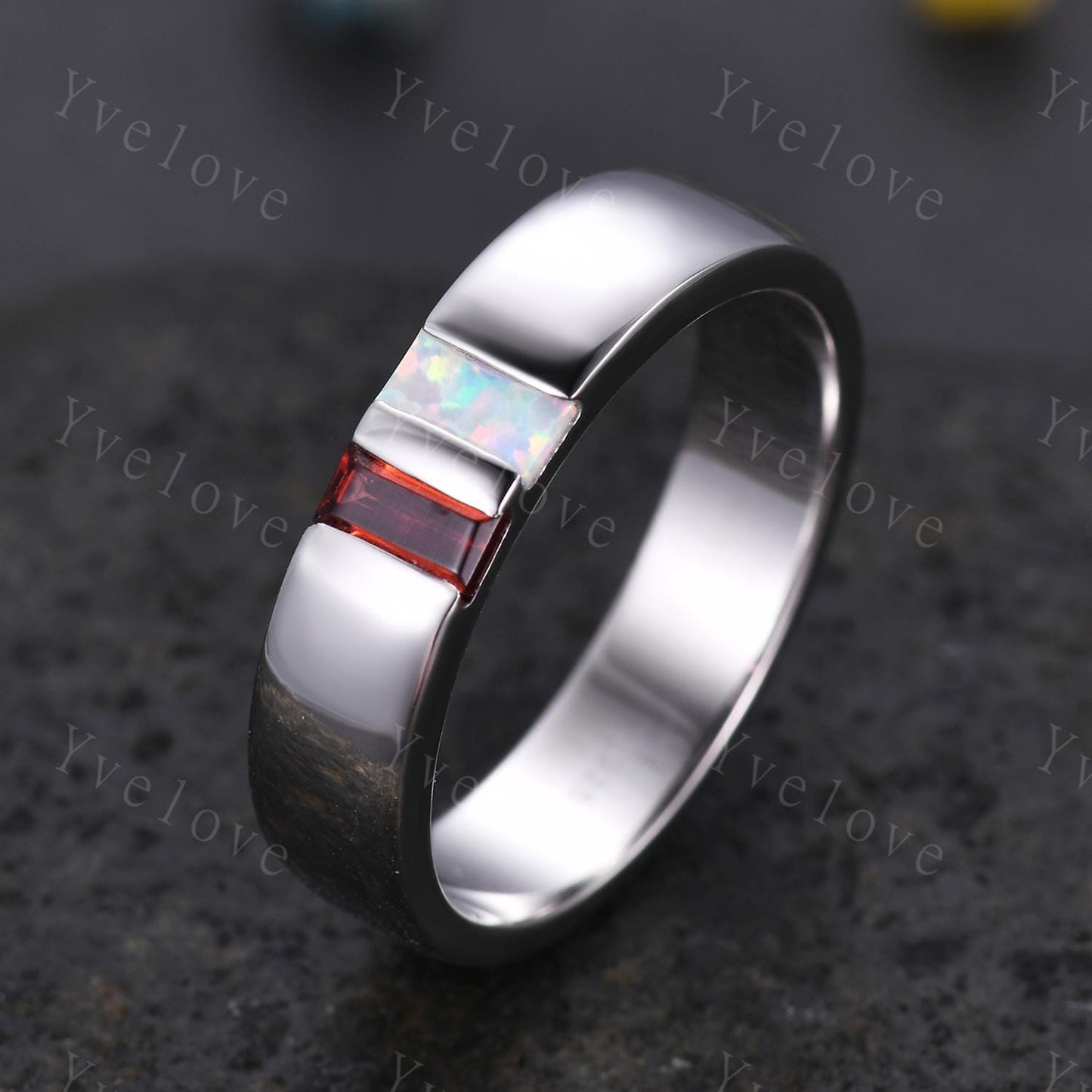 Mens Garnet Opal Wedding Band Baguette Cut Red Garnet Opal Band 5mm White Gold Ring Mens Plain Stacking Matching Band Retro Vintage Gift