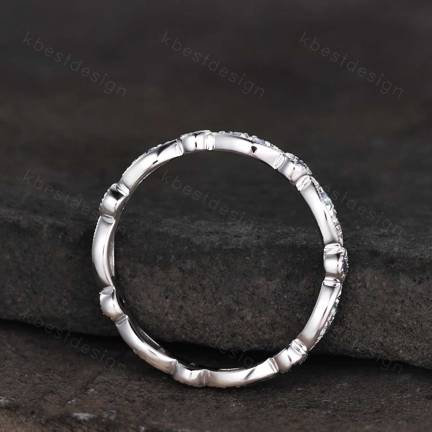 Unique Blue Topaz Wedding Band Art Deco Blue Sapphire Ring Sterling Silver Stacking Matching Band December Birthstone Ring Gemstone Band