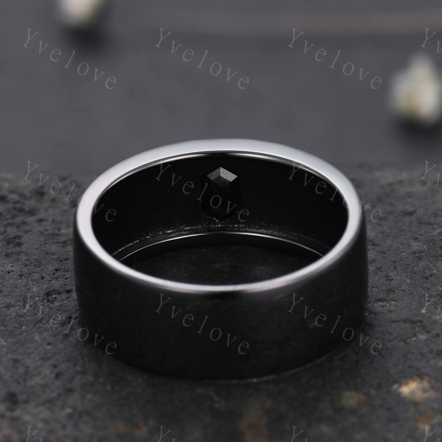 7mm Black Gold Mens Hexagon Black Spinel Wedding Band Nature Inspired Black Gems Engagement Ring Plain Band Mens Stacking Band Promise Ring