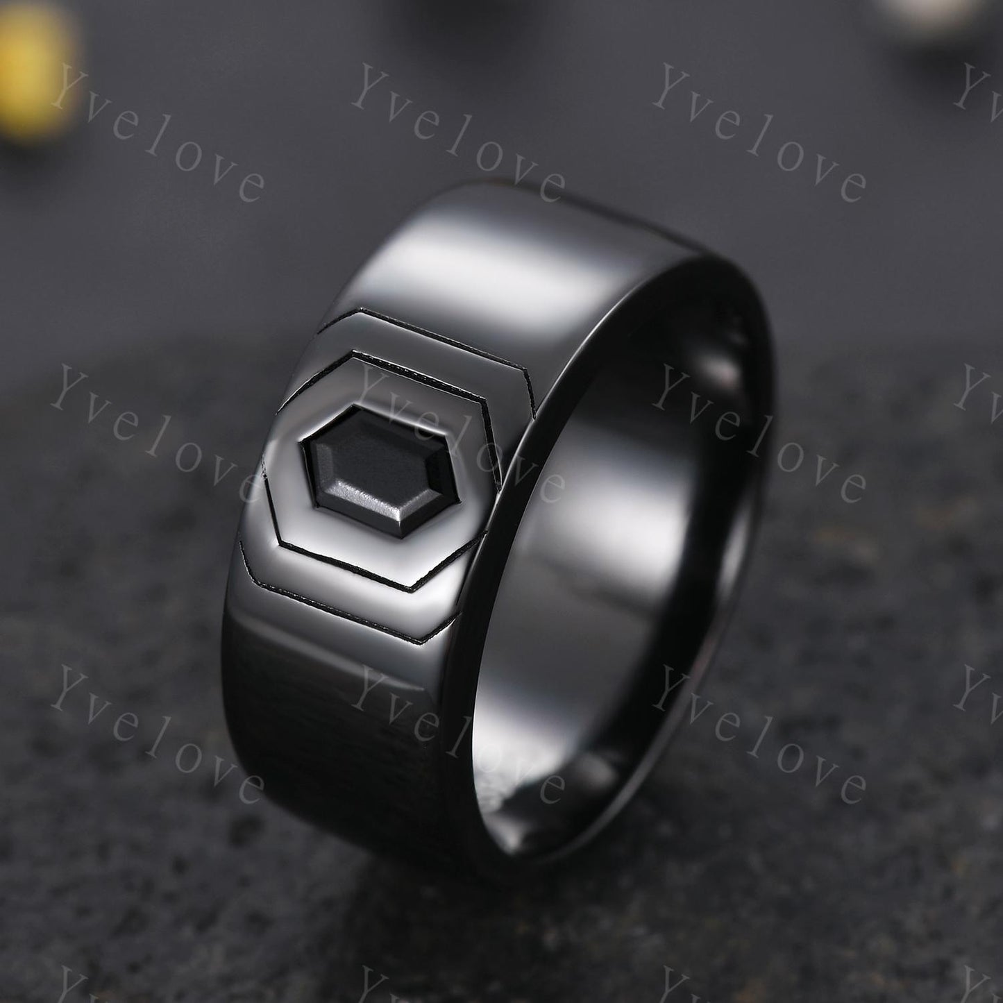 7mm Black Gold Mens Hexagon Black Spinel Wedding Band Nature Inspired Black Gems Engagement Ring Plain Band Mens Stacking Band Promise Ring
