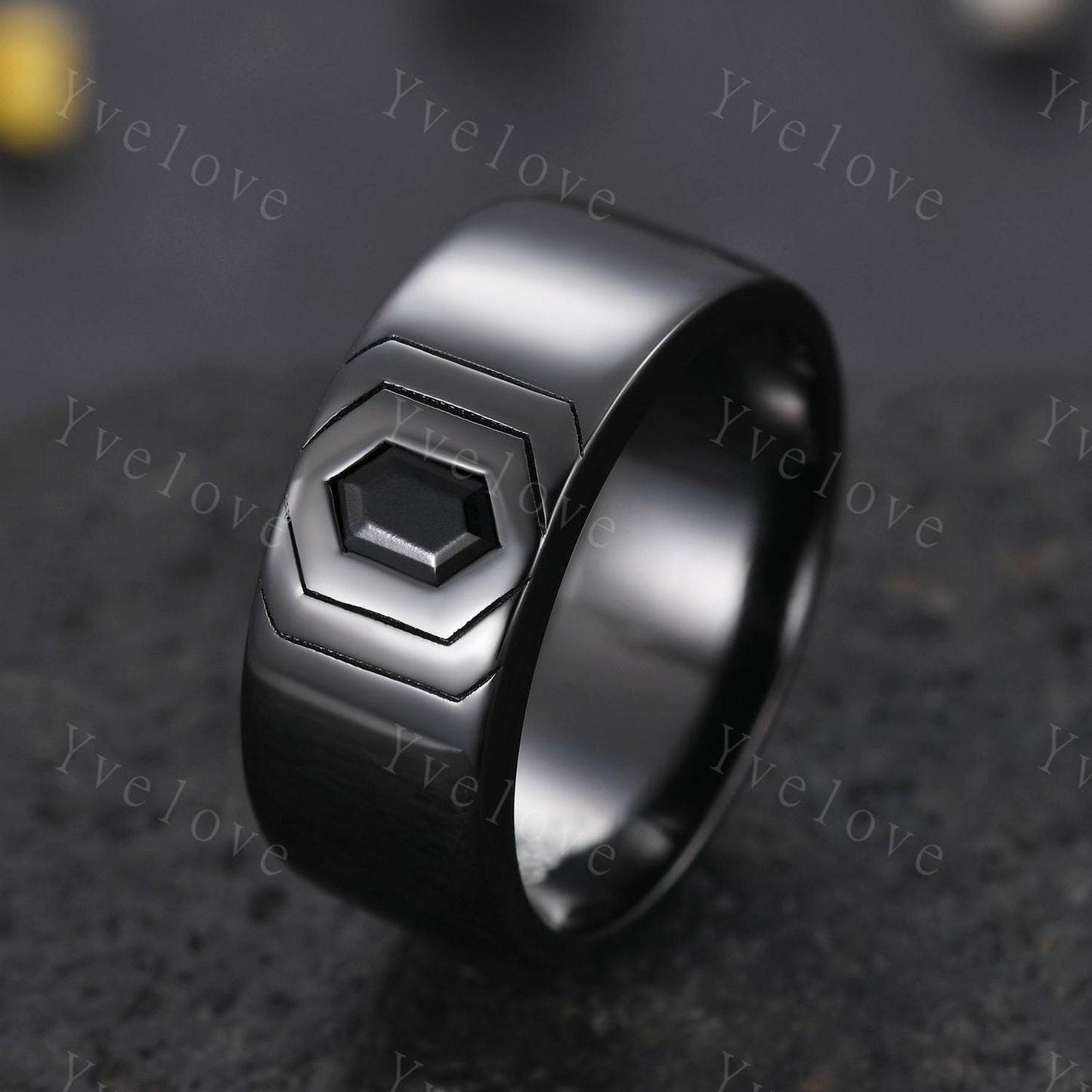 Custom order for Anna, 8mm width band, with hexagon alexandrite, brushed finished, silver black.