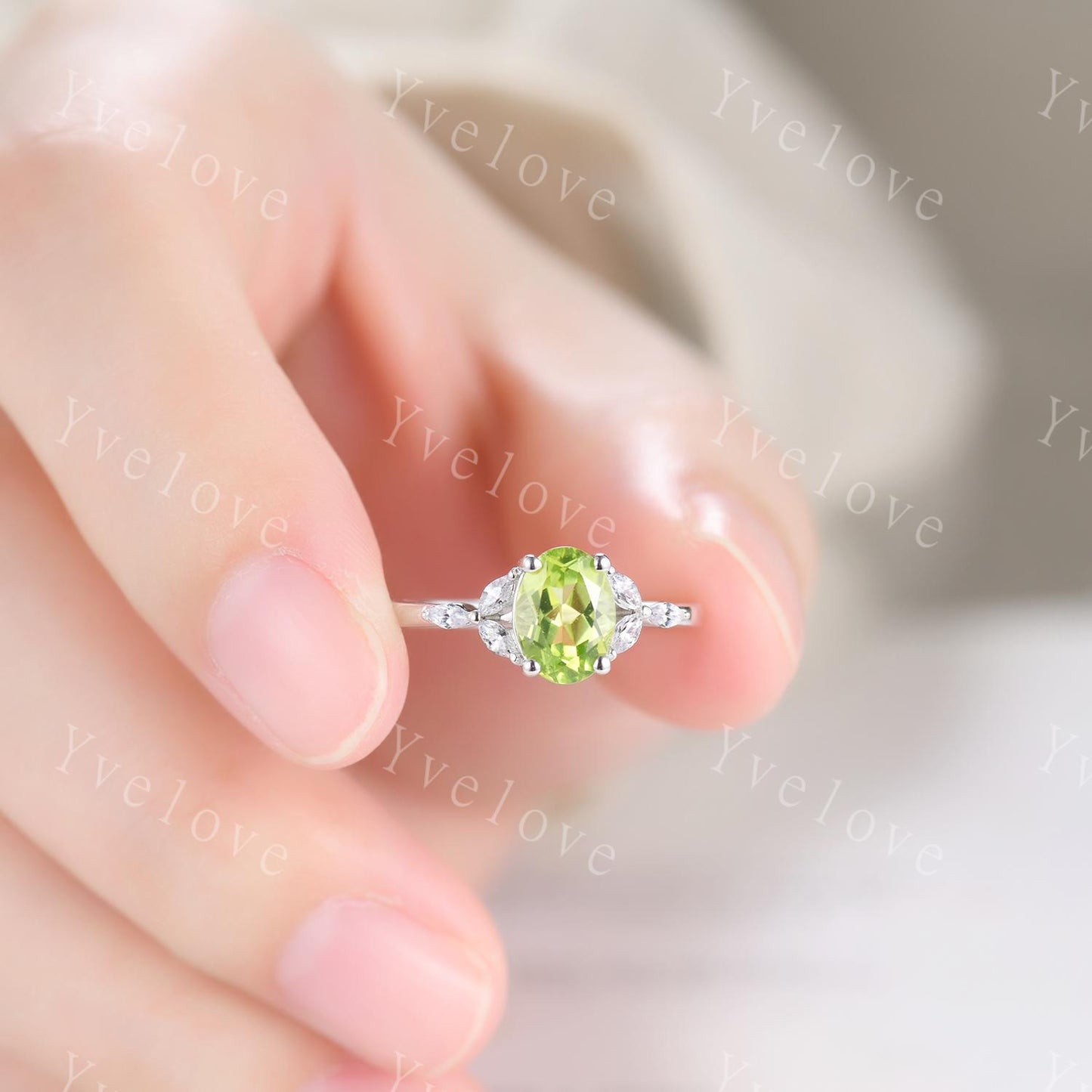 Vintage Peridot Engagement Ring Leaf Oval Green Peridot Ring Moissanite White Gold Art Deco August Birthstone Ring Promise Stacking Band