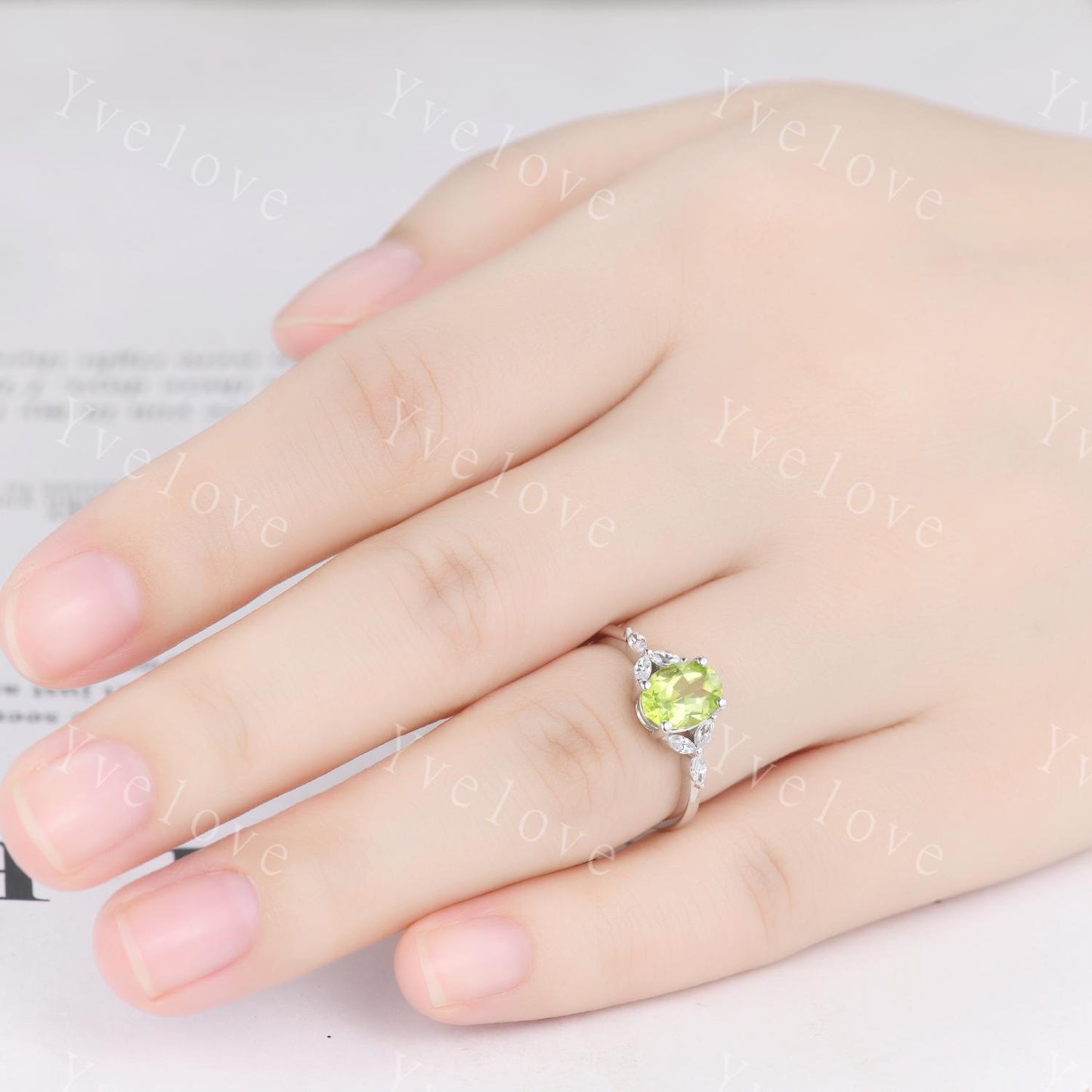 Vintage Peridot Engagement Ring Leaf Oval Green Peridot Ring Moissanite White Gold Art Deco August Birthstone Ring Promise Stacking Band