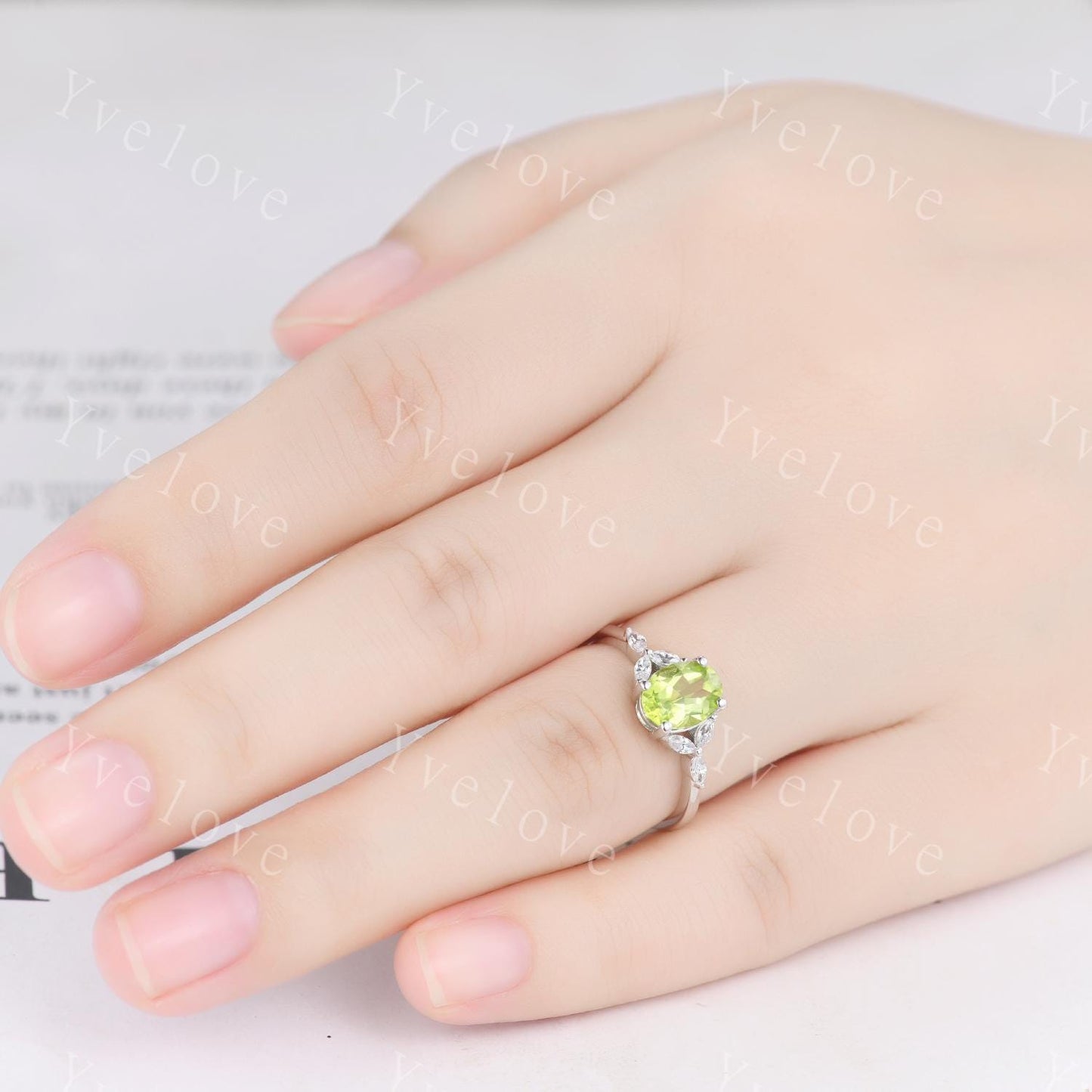 Vintage Peridot Engagement Ring Set Leaf Oval Green Peridot Ring White Gold Art Deco August Birthstone Ring Stacking Band Promise Bridal Set