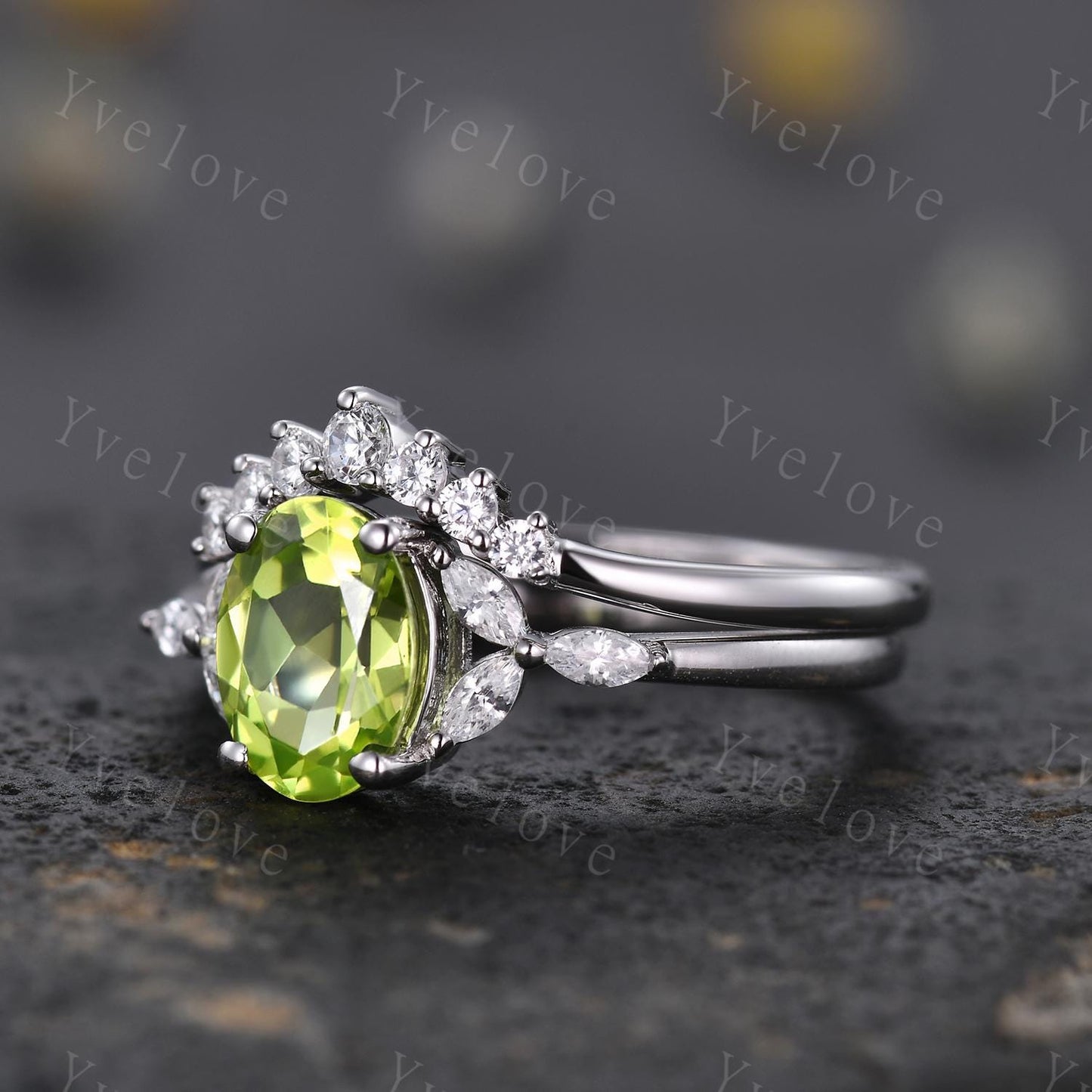 Vintage Peridot Engagement Ring Set Leaf Oval Green Peridot Ring White Gold Art Deco August Birthstone Ring Stacking Band Promise Bridal Set