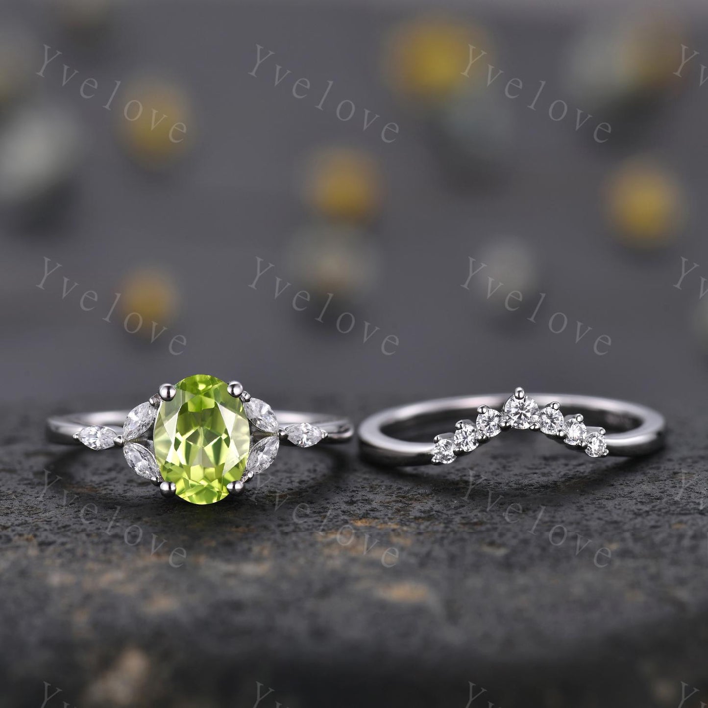 Vintage Peridot Engagement Ring Set Leaf Oval Green Peridot Ring White Gold Art Deco August Birthstone Ring Stacking Band Promise Bridal Set