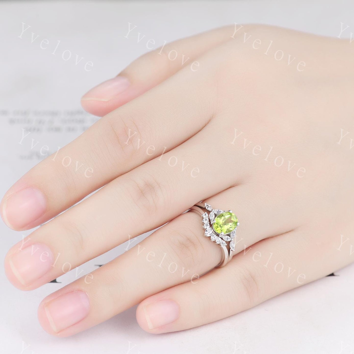 Vintage Peridot Engagement Ring Set Leaf Oval Green Peridot Ring White Gold Art Deco August Birthstone Ring Stacking Band Promise Bridal Set