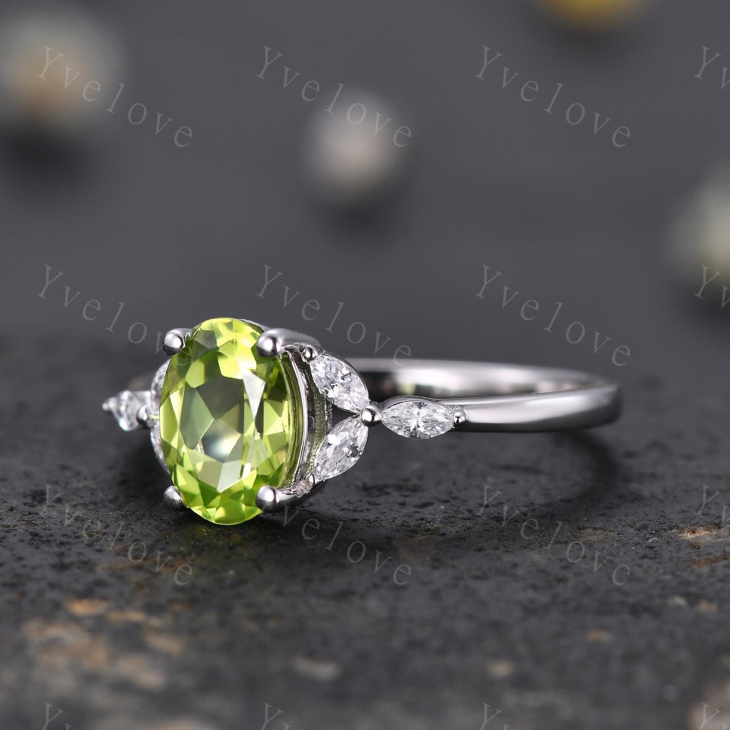 Vintage Peridot Engagement Ring Leaf Oval Green Peridot Ring Moissanite White Gold Art Deco August Birthstone Ring Promise Stacking Band