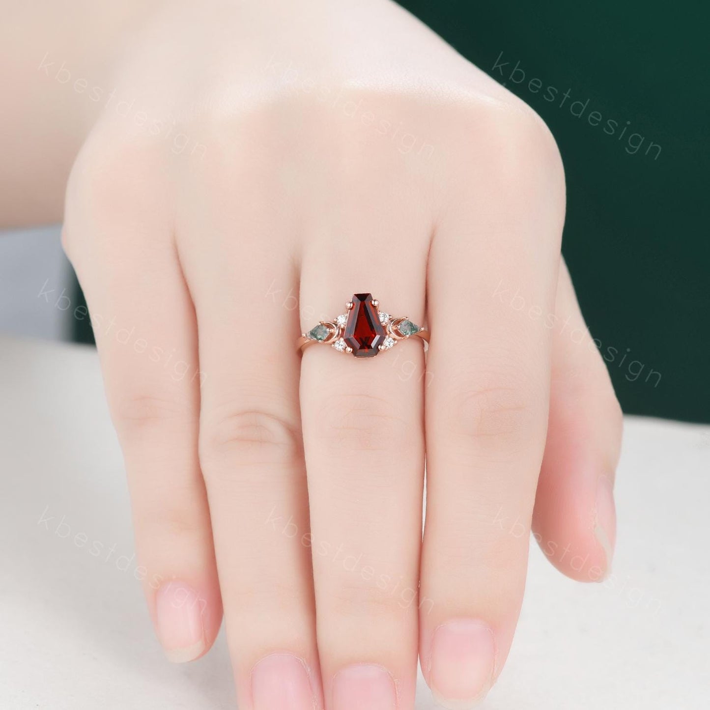 Coffin cut Garnet engagement ring unique kite cut moss agate ring crescent style ring rose gold ring for women January birthstone ring
